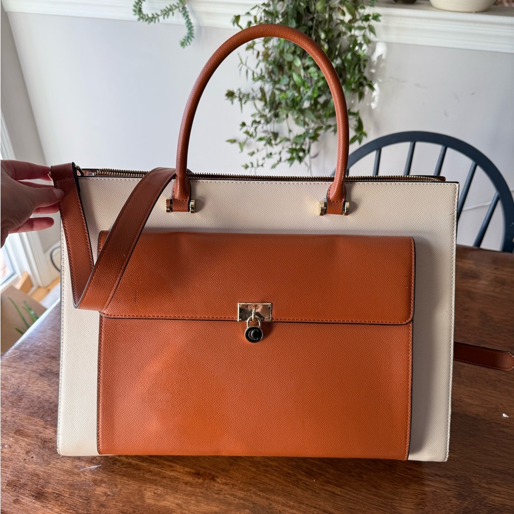 Cluci Elegant Tan and Cream Briefcase with Structured Design